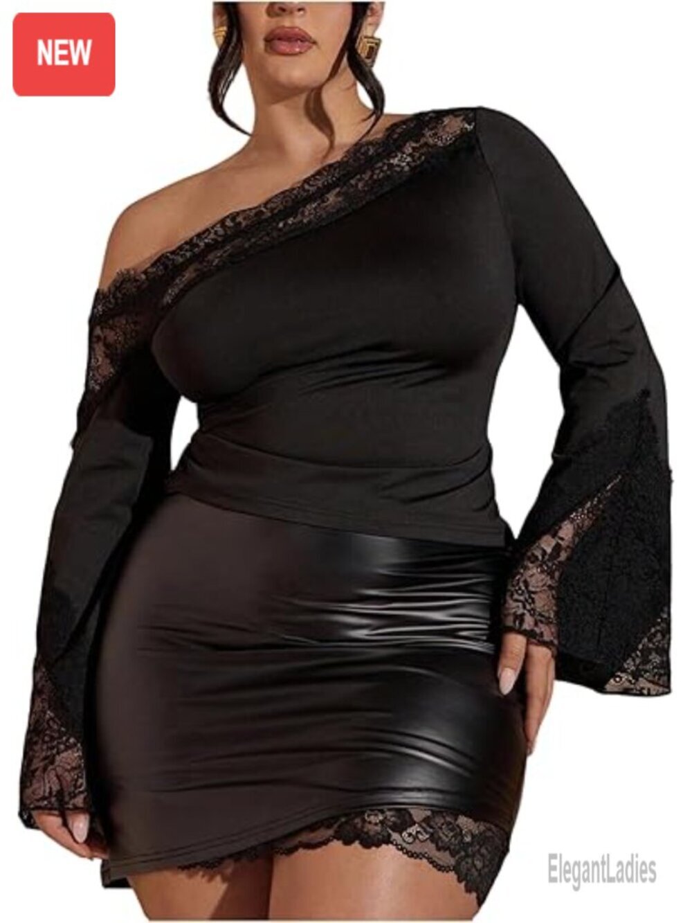 Plus Size Off Shoulder Bell Sleeve Lace Top T-Shirt
